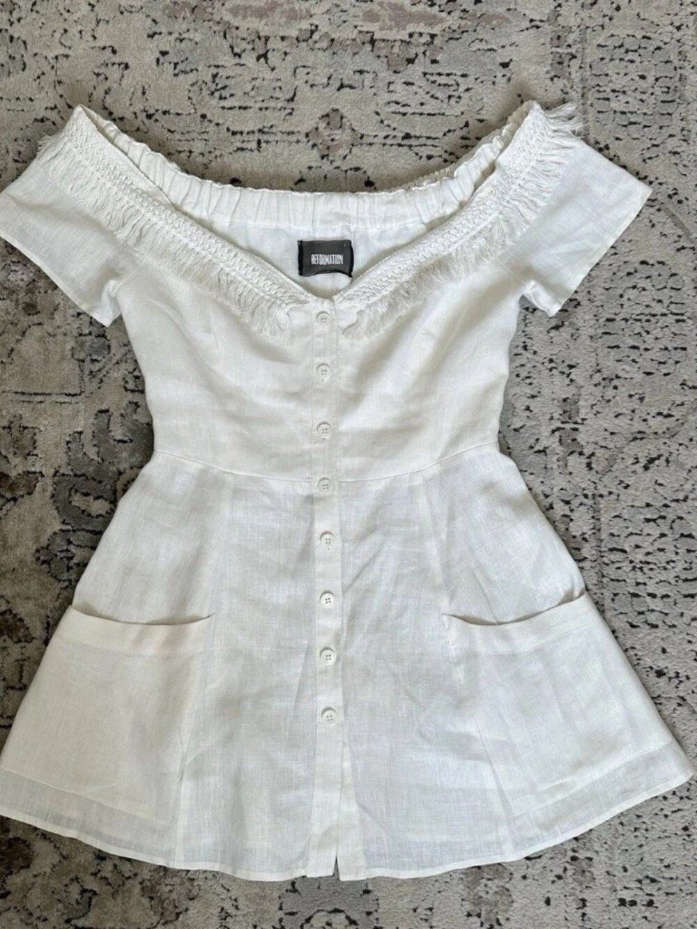 Reformation White Linen Off Shoulder Fringe Mini Dress Size 6
